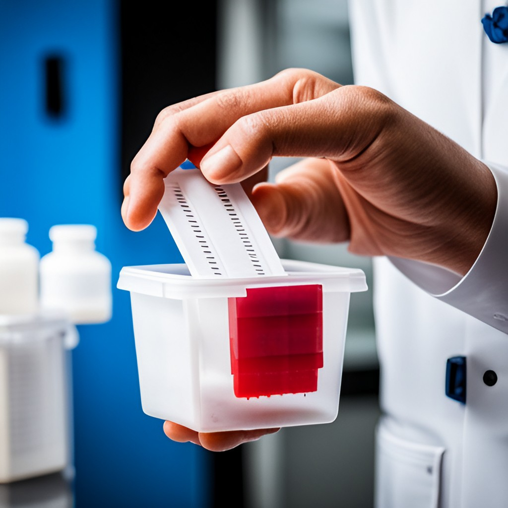 A person holding a container of blood samples for blood test mobile delivery in the Laboratory Specimen Delivery section.