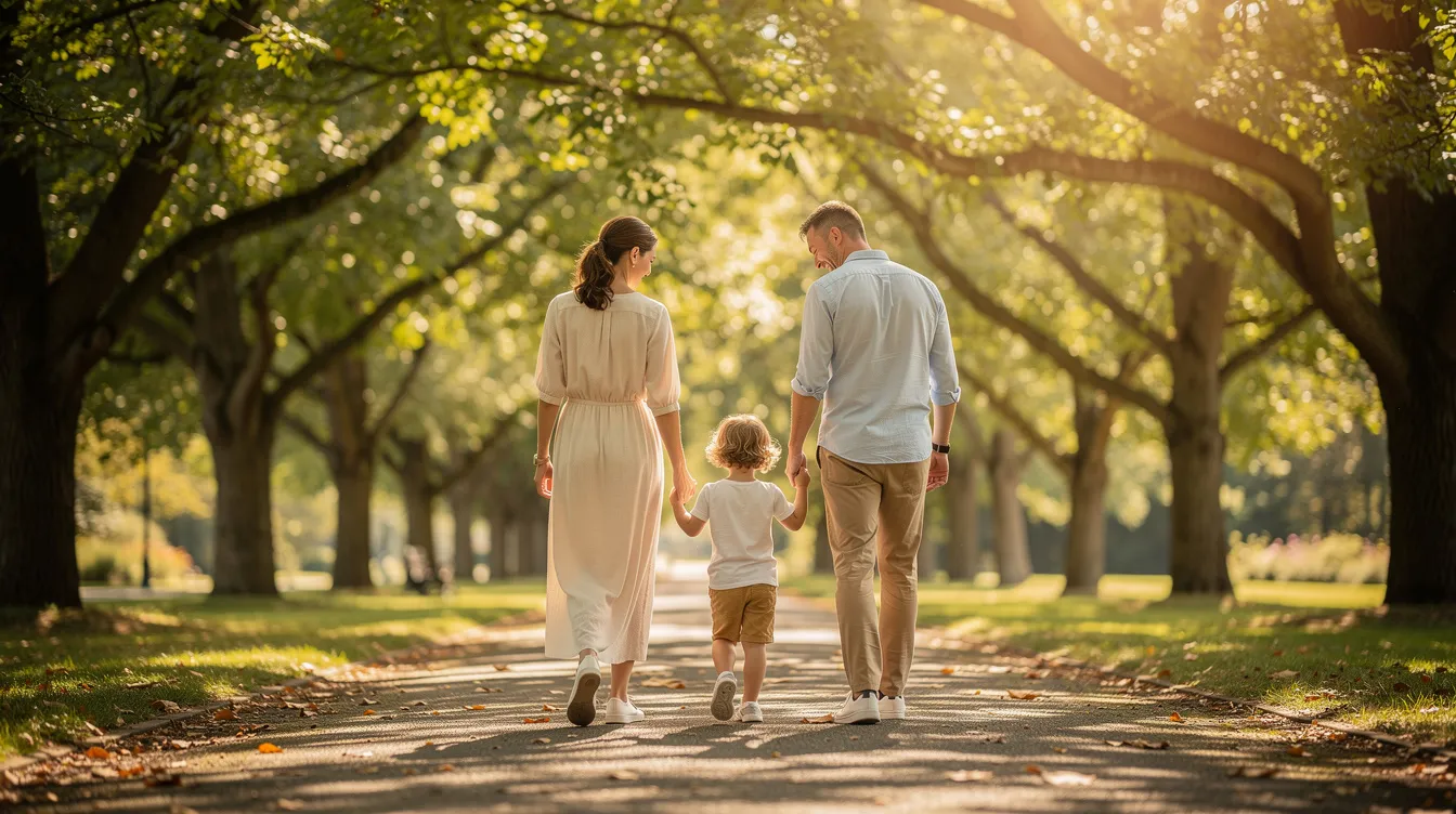 A family is walking together along a tree-lined path, basking in the warm sunlight, which symbolizes support and connection. This scene reflects the importance of family therapy in the recovery journey for individuals dealing with mental health issues, such as borderline personality disorder.
