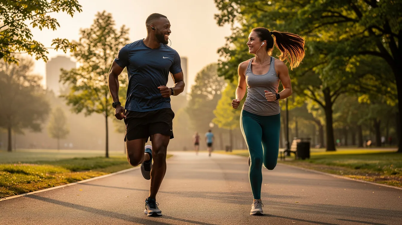 A mixed-race couple is jogging together in a sunny park, showcasing their shared commitment to health and fitness. Their morning run reflects a positive aspect of their romantic relationship, emphasizing equality and respect between partners in their dating life.