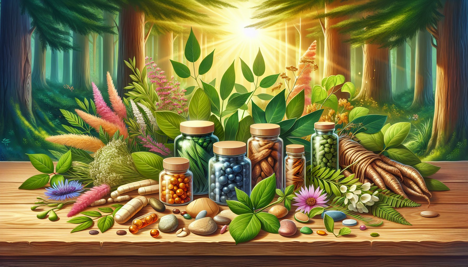 An artistic representation of herbal supplements and their potential benefits for fertility, including Maca and Vitex.