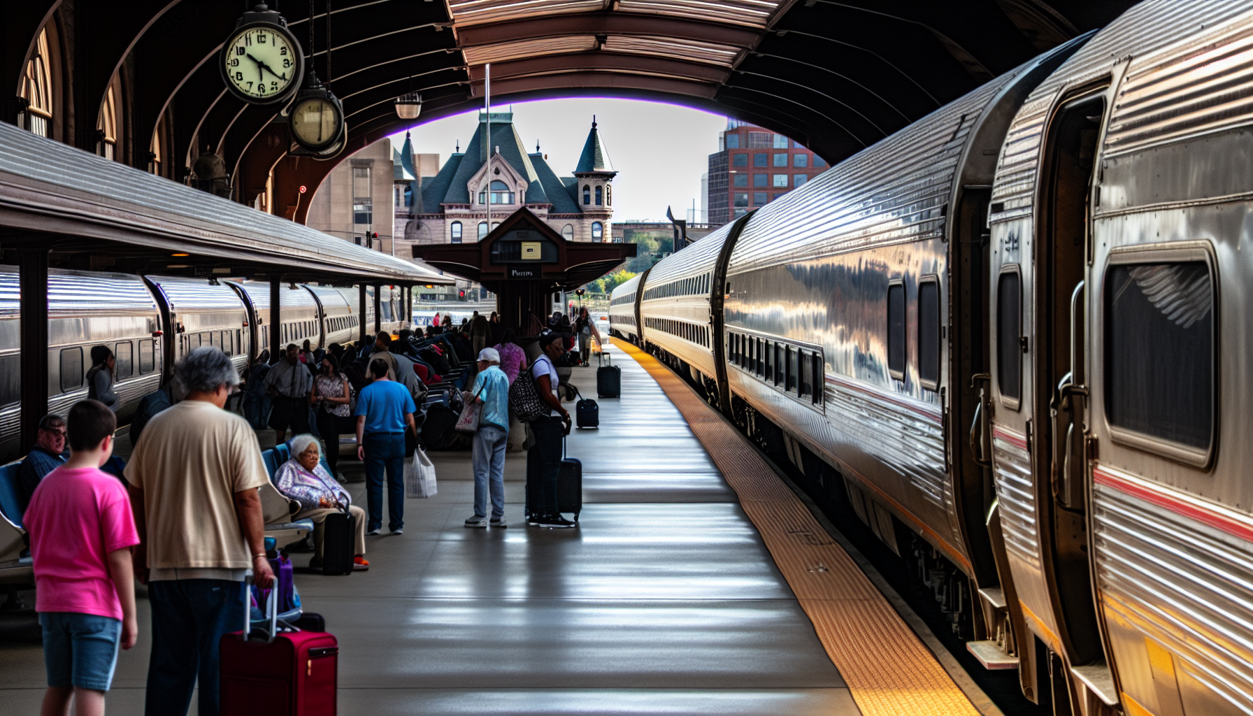 Amtrak train departing from Trenton station