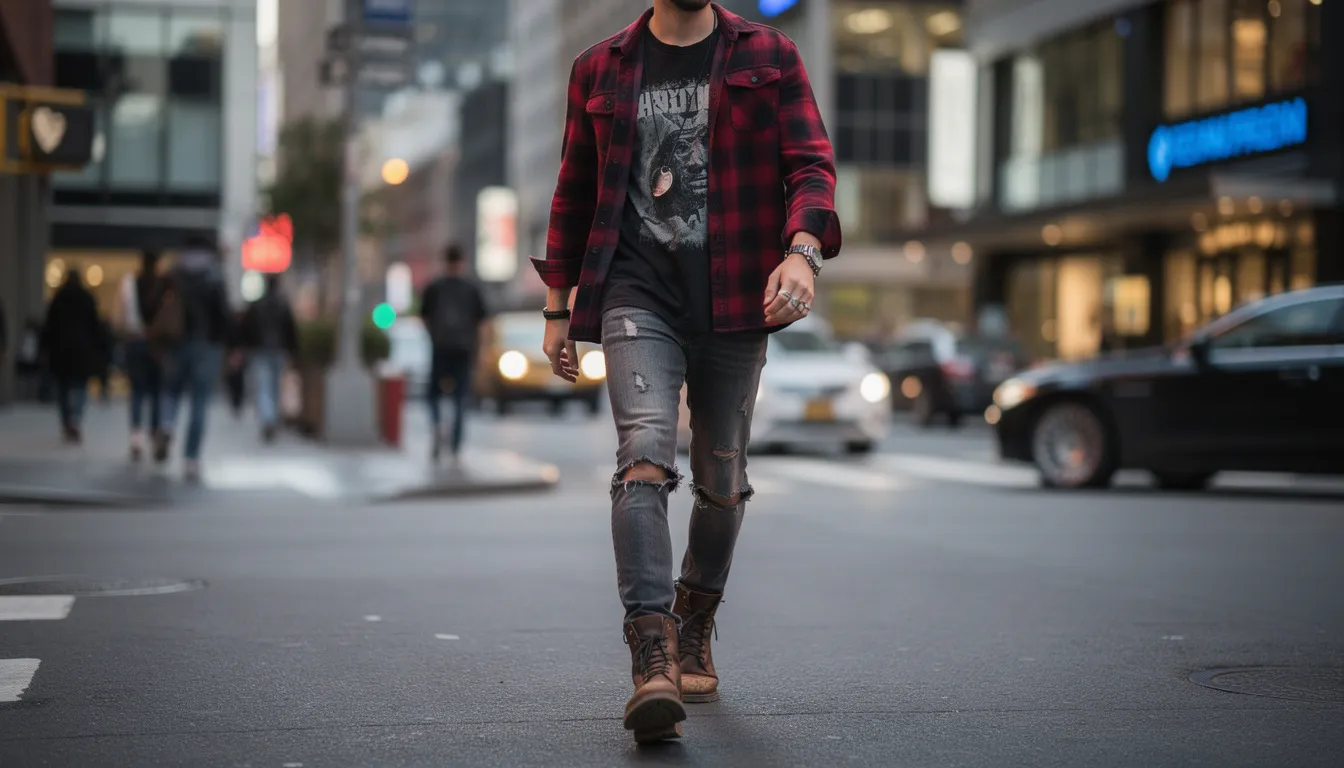 A person walks down a city street embodying grunge style, wearing a layered flannel shirt over a band tee, paired with ripped jeans and combat boots. Their messy hair complements the vintage aesthetic, reflecting the fashion trends of the 90s grunge movement.