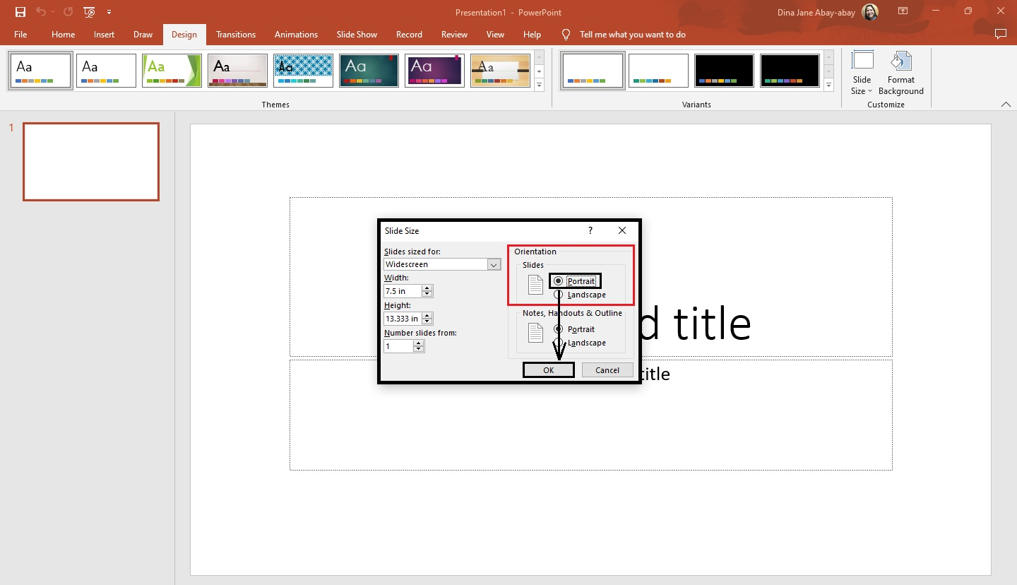 Click the "Portrait" options in the Orientation Slides of your PowerPoint infographic.