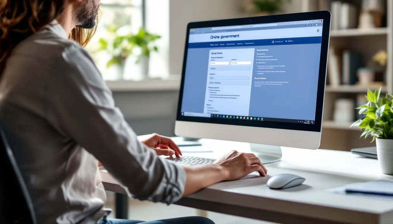 Uma pessoa está usando um computador para acessar um sistema governamental online, possivelmente para realizar procedimentos relacionados à herança, como a transmissão causa mortis. A tela do computador exibe informações sobre bens, impostos e doações, enquanto o usuário navega de forma acessível em libras usando o vlibras widget.