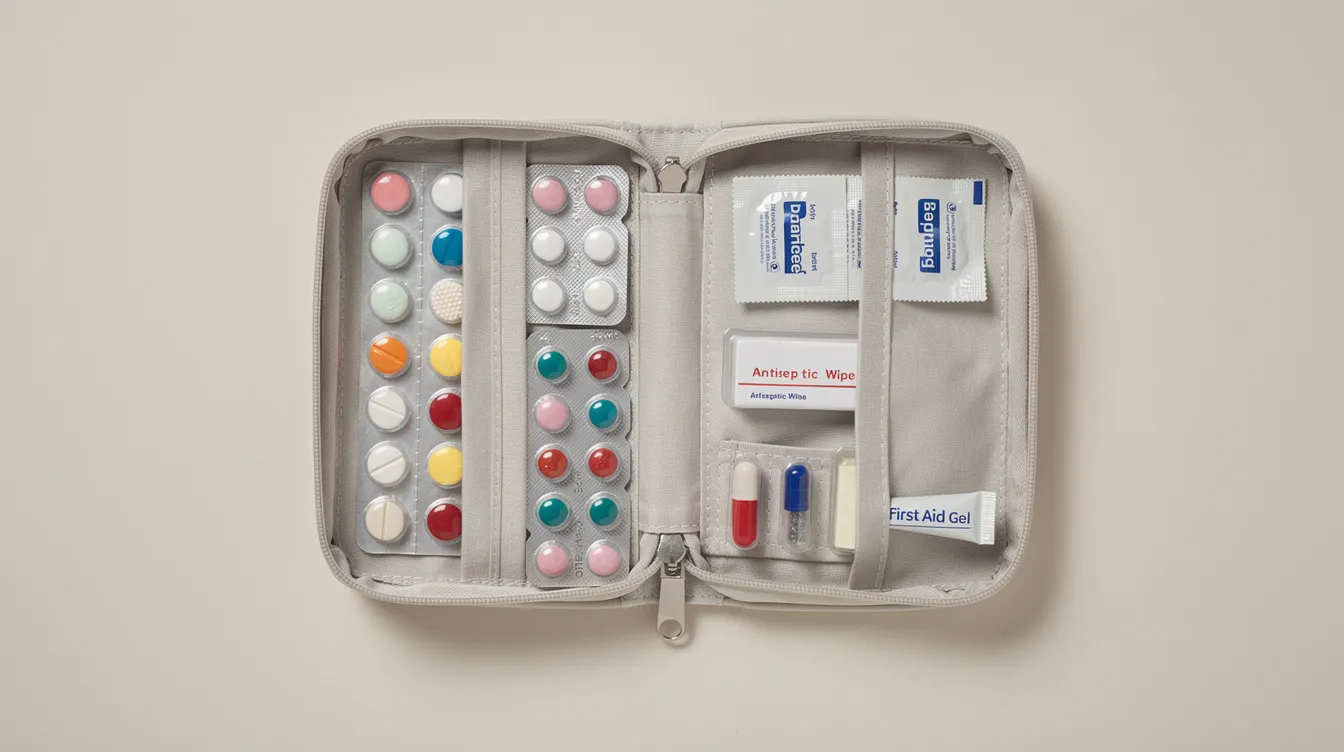 The image features a neatly organized travel medication pouch containing various prescription medications, over-the-counter medicines, and basic first aid supplies, all arranged on a light background. This pouch is essential for travelers to Morocco, ensuring they are prepared with adequate medical care and personal security during their trip.