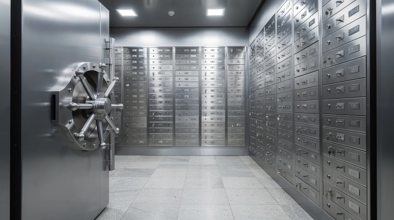 The image depicts a secure bank vault filled with numerous safety deposit boxes, symbolizing the protection of valuable assets such as physical precious metals and gold investments. This setting reflects the importance of safeguarding precious metals for retirement savings and investment strategies.
