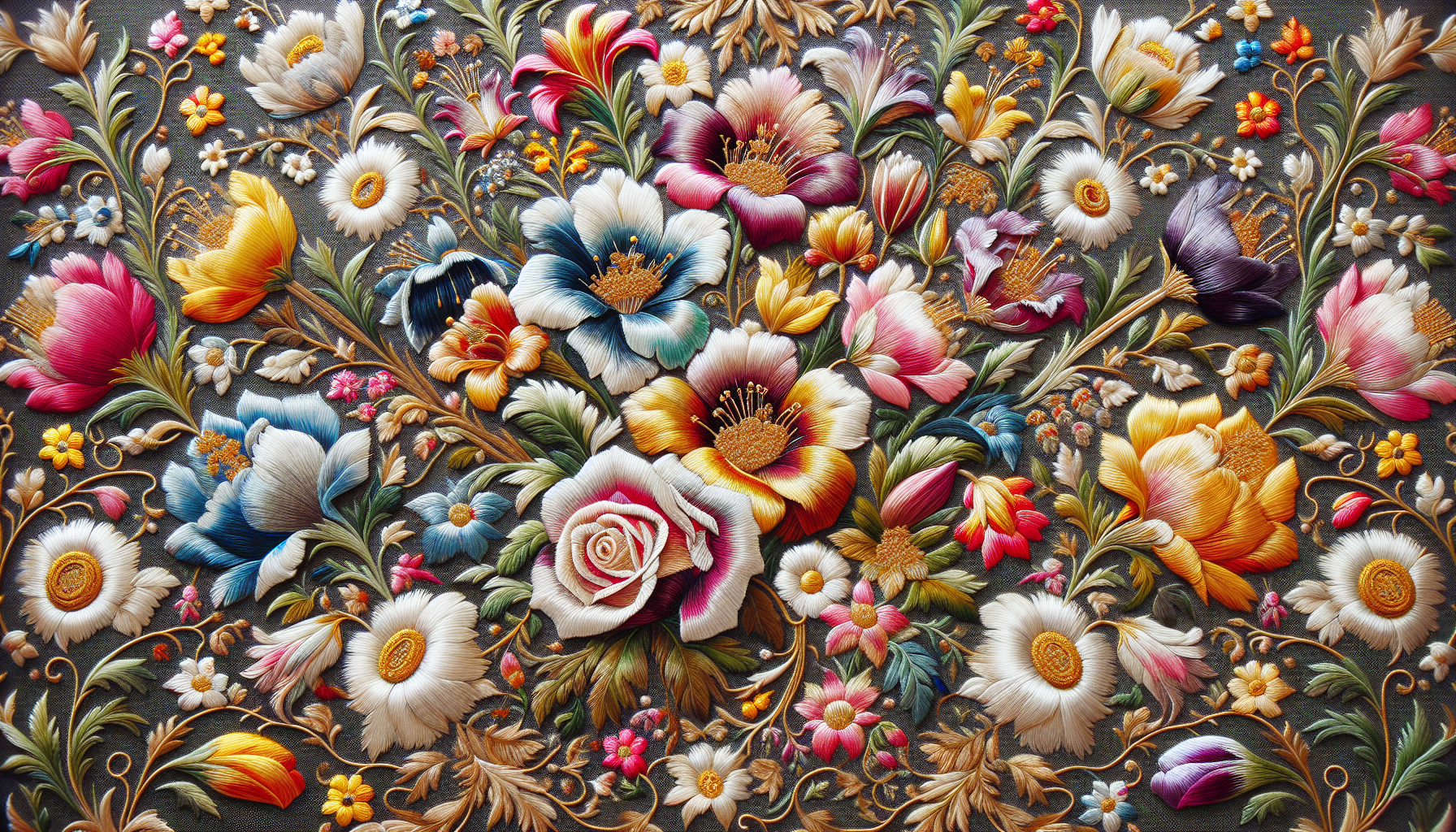 A collection of colourful embroidered flowers on a fabric