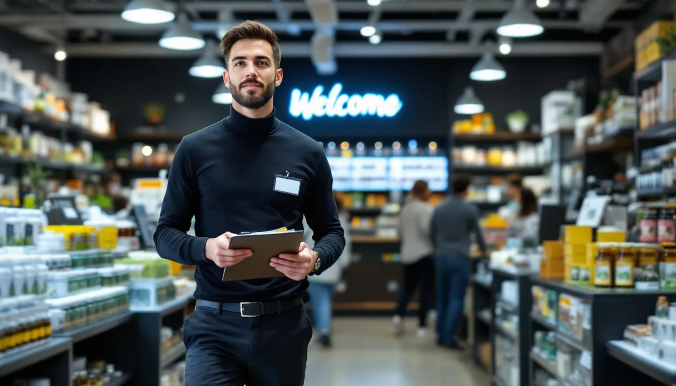 How to Work at a Dispensary: Weed Jobs, Pay & Careers 2 A cannabis dispensary manager is seen walking through a bustling store in Chicago, engaging with staff and customers, showcasing the vibrant atmosphere of the cannabis industry. This scene highlights the career opportunities within the dispensary, emphasizing the importance of knowledge and connection in providing assistance to patients and creating a welcoming environment.