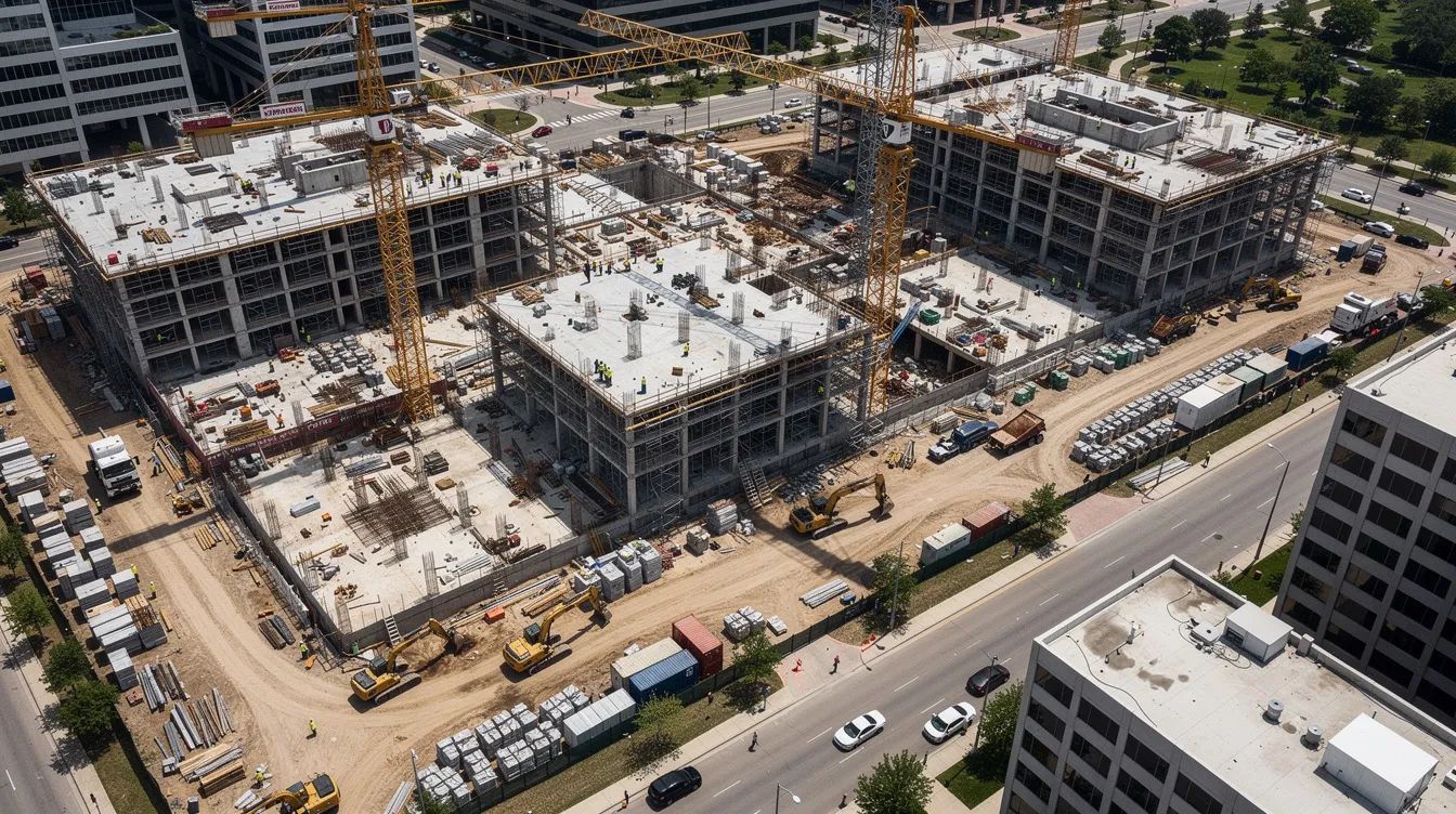 An aerial view captures a bustling commercial construction site featuring multiple cranes, workers actively engaged in building, and various construction materials scattered throughout. This scene reflects the dynamic nature of the construction industry, showcasing the teamwork and strategic planning essential for successful projects and brand recognition.