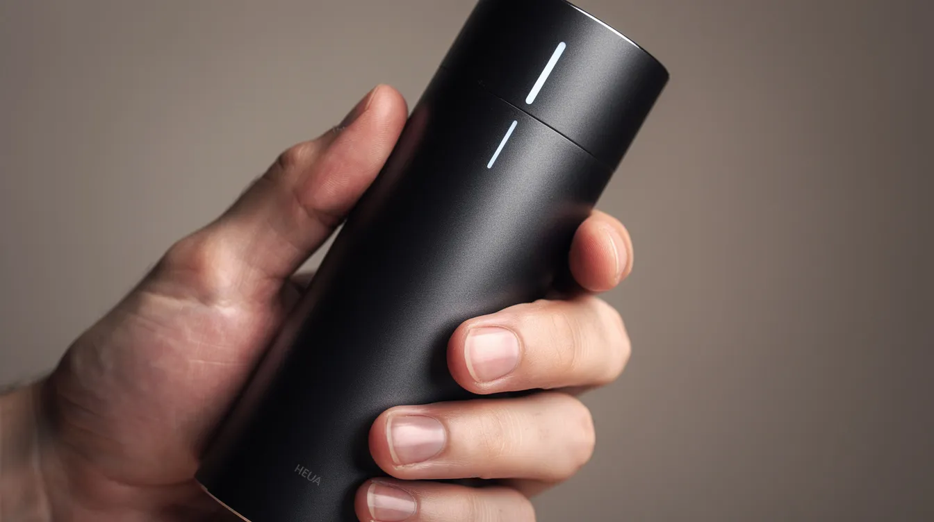 Nahaufnahme von Händen, die ein schlankes, zylindrisches elektronisches Gerät halten, das als Venty Vaporizer von Storz und Bickel bekannt ist. Dieses hochwertige Gerät, hergestellt in Deutschland, verspricht eine hervorragende Dampfqualität und Benutzerfreundlichkeit für entspannte Solo-Sessions.