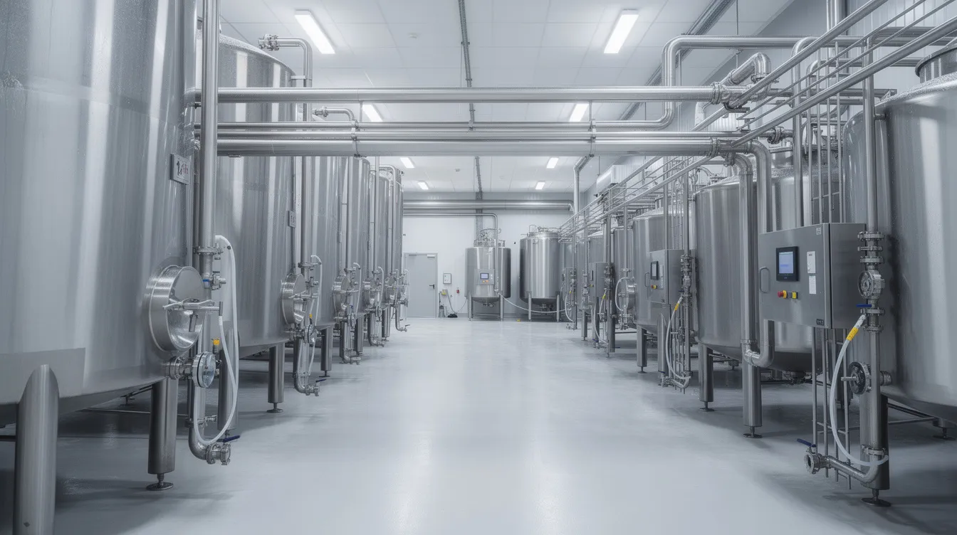 cc7ec73a 4980 4c62 b92a 5887acc3ecf1 The image depicts a modern dairy processing facility featuring large stainless steel tanks and intricate piping, indicative of advanced whey processing technologies. This industrial setting is designed for efficiently processing milk and whey components, contributing to the production of high-value whey protein and functional beverages in the food industry.