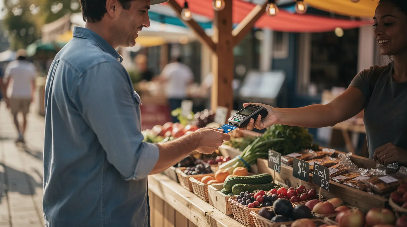A person is making a contactless card payment at a small outdoor market stall, surrounded by various goods for sale. This scene reflects the use of modern payment methods in Denmark, where the official currency is the Danish krone.