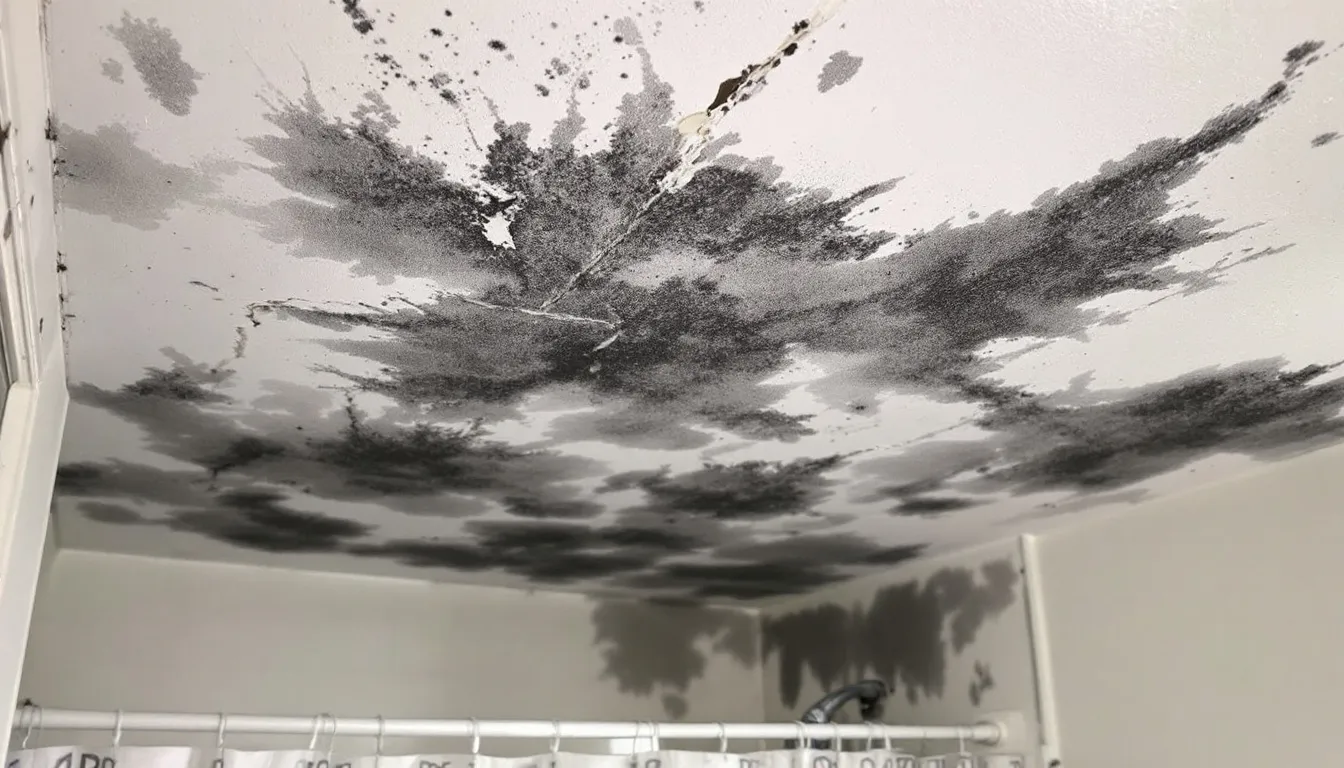 The image depicts black mould growth on a ceiling, showcasing dark patches that may indicate the presence of mould spores. This toxic black mould can pose health risks, especially for individuals with weakened immune systems, and highlights the importance of mould removal and prevention in damp conditions.