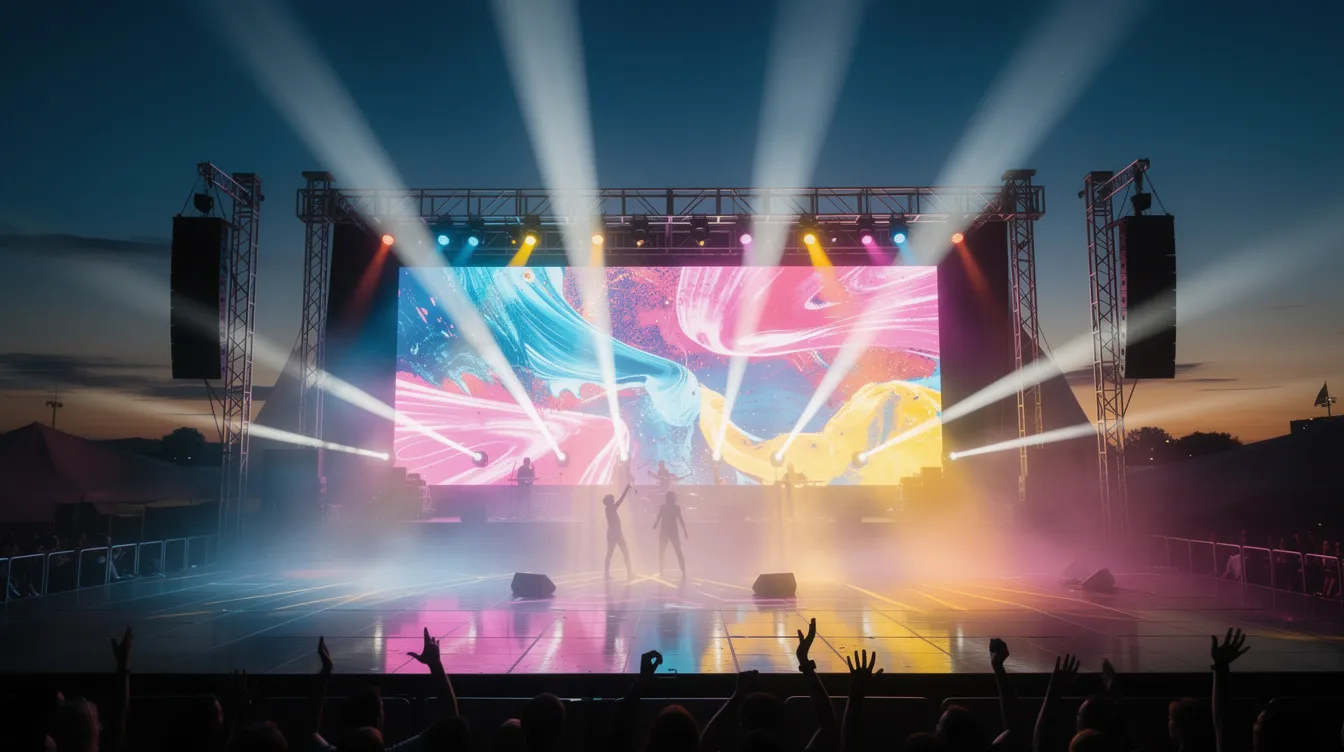 The image depicts a vibrant outdoor concert stage at dusk, featuring a large LED wall that displays colorful visuals, while dynamic stage lighting beams illuminate the scene. This setup is ideal for creating memorable experiences at events like concerts and festivals, showcasing the visual impact of LED video wall rentals.