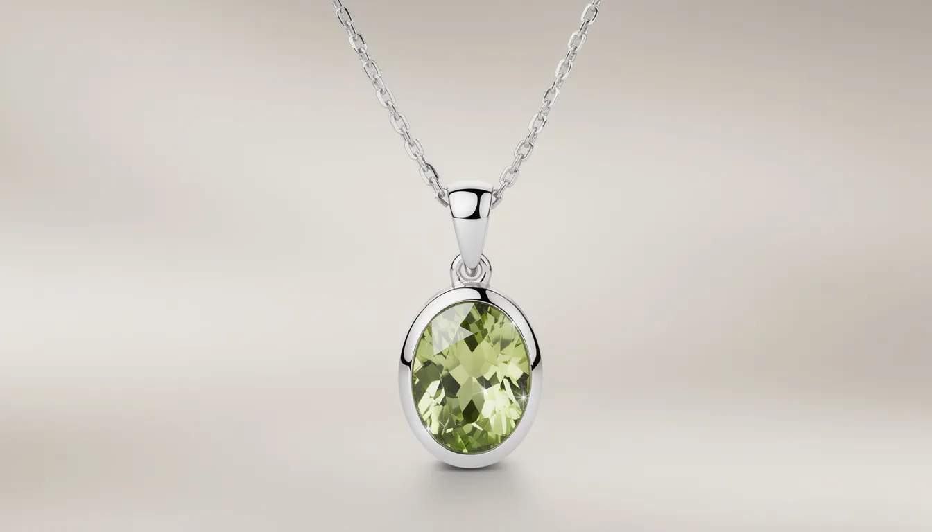 The image features an elegant peridot pendant, showcasing the vibrant yellowish-green gemstone set in polished sterling silver, suspended from a delicate chain. This exquisite piece of peridot jewelry highlights the gem quality peridot, known as the August birthstone, symbolizing good fortune and beauty.
