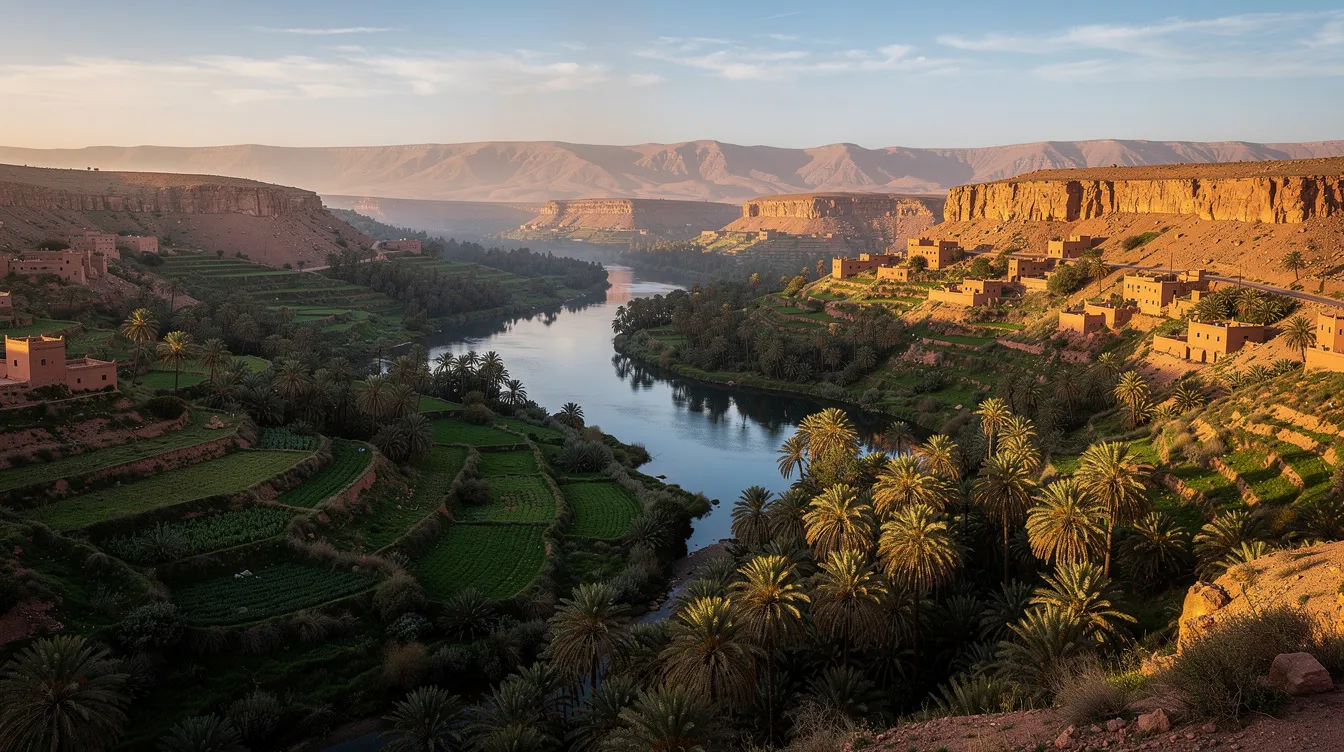 Een prachtig uitzicht op een groene vallei met wuivende palmbomen en een rustige rivier die door het Marokkaanse binnenland stroomt. Dit serene landschap nodigt uit tot verkenning, ideaal voor een roadtrip met een huurauto in Agadir, waar je de schoonheid van het land kunt ontdekken.