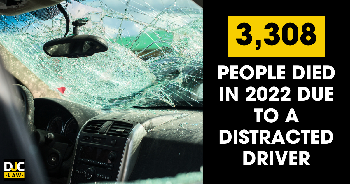 The image features a car with a shattered windshield and damaged interior, alongside bold text stating "3,308 people died in 2022 due to a distracted driver." 