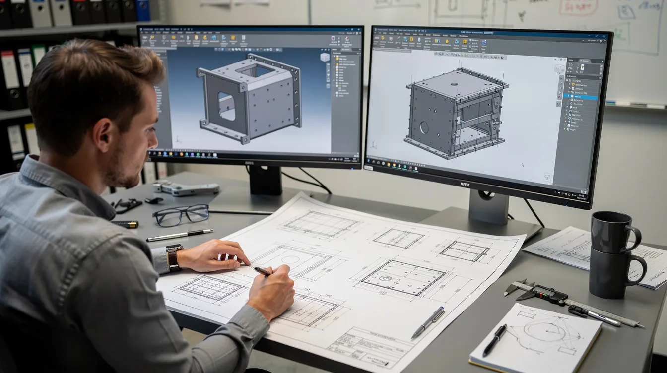 An engineer is at a workstation, intently reviewing technical drawings while a computer screen displays a 3D CAD model of a sheet metal enclosure. The scene highlights the importance of sheet metal fabrication in creating custom metal components, showcasing the detailed design process essential for ensuring structural integrity and high-quality parts.