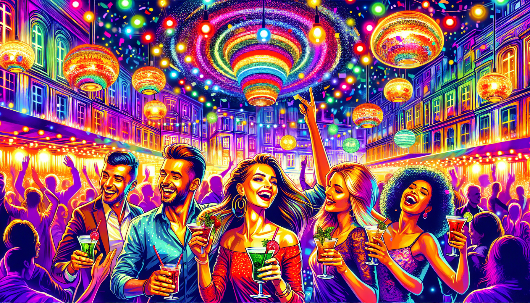 An artistic representation of Warsaw's nightlife with people enjoying drinks and dancing.