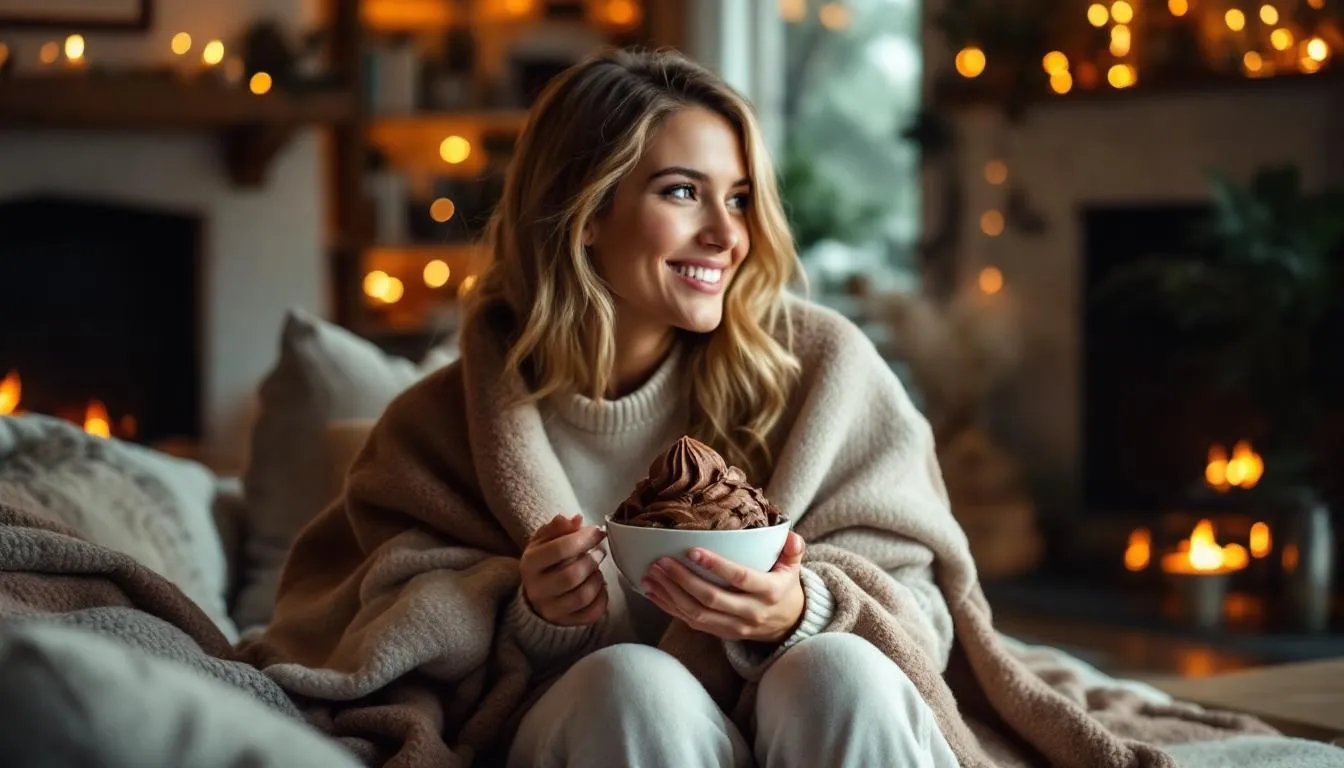 A person sits in a cozy setting, enjoying a bowl of creamy keto ice cream, highlighting its rich texture and flavor. This delightful frozen dessert is perfect for satisfying a sweet tooth while adhering to a keto diet.
