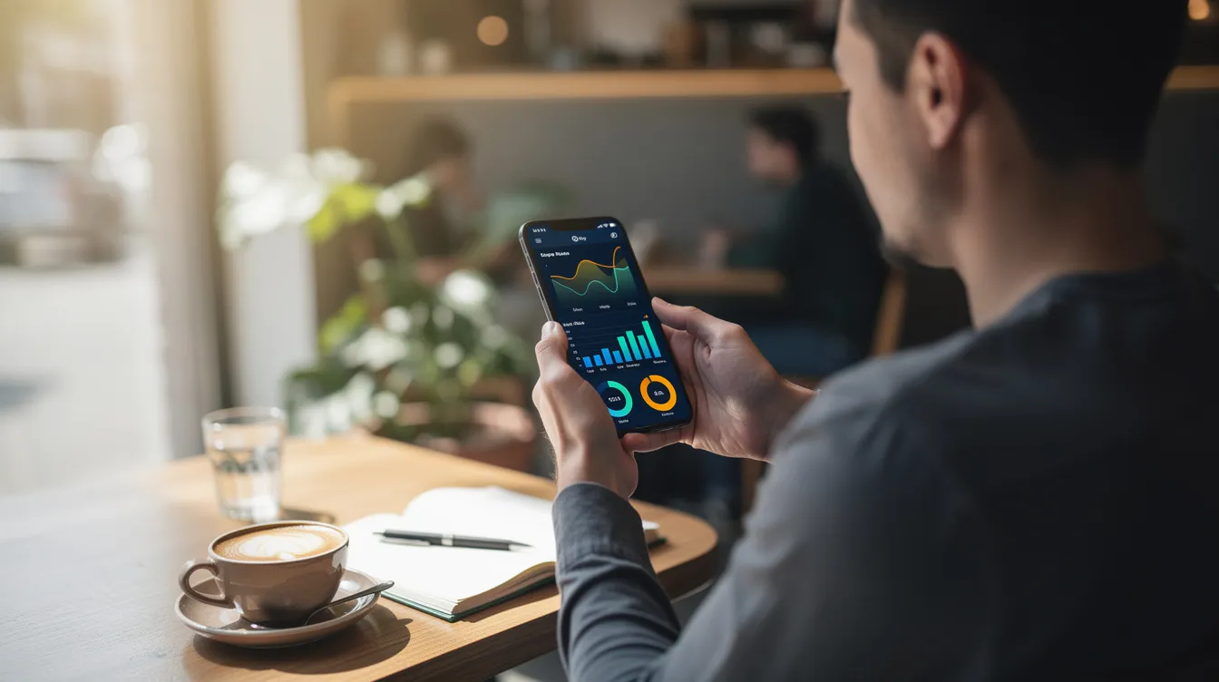 A person is sitting at a cafe, intently reviewing colorful health charts and graphs related to their blood glucose levels on a smartphone, highlighting insights into their metabolic health and glucose data. The vibrant visuals reflect their efforts to optimize health and minimize glucose spikes through informed lifestyle choices.