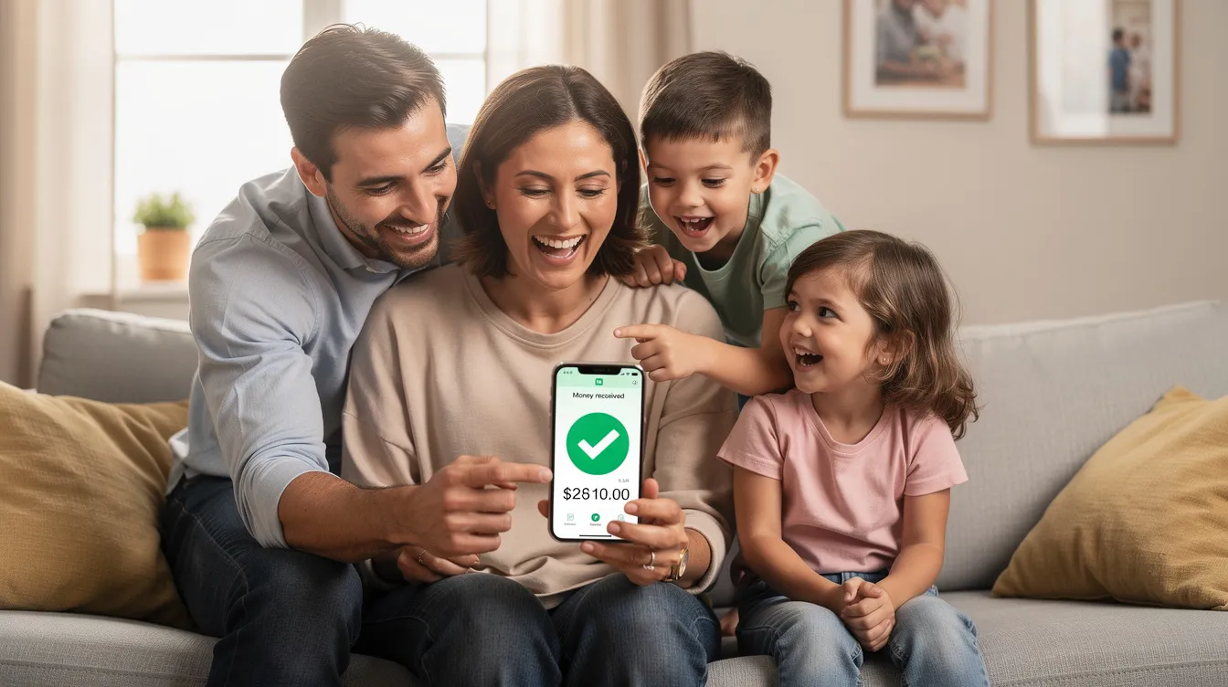 A joyful family is gathered together, smiling as they receive a phone notification indicating that money has been successfully received through an international money transfer. This moment reflects the ease and trust in sending money abroad, highlighting the role of financial institutions like Dubai Islamic Bank in facilitating such transactions.