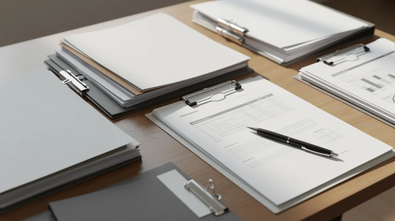 Na biurku znajduje się uporządkowana dokumentacja oraz umowy kredytowe, w tym umowy frankowe, a obok leży długopis. Wśród dokumentów można dostrzec zapisy dotyczące kredytów hipotecznych oraz klauzule niedozwolone, które mogą być istotne w sprawach frankowych.