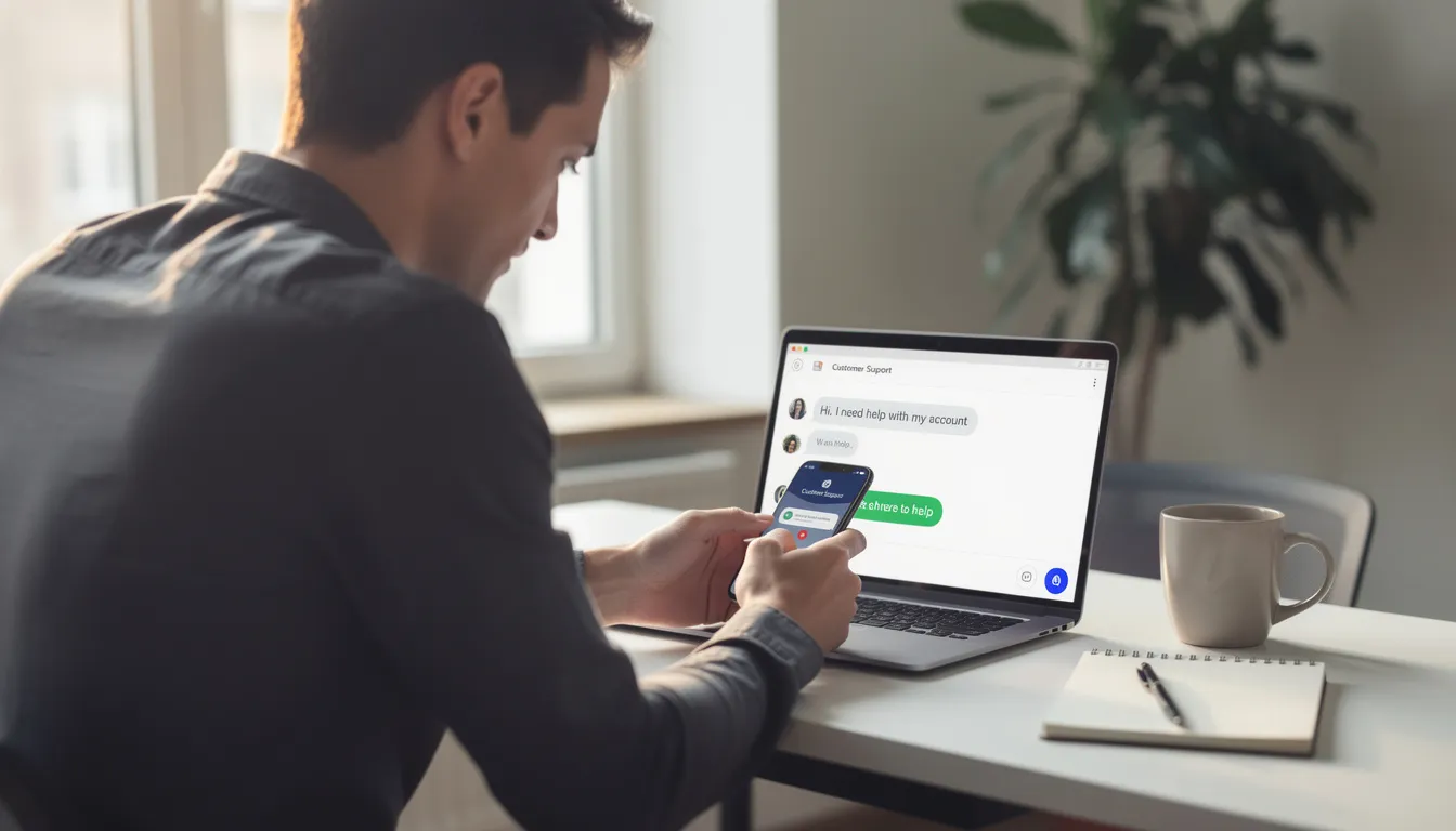 A person is seated at a desk with a laptop and a smartphone, seemingly engaged in messaging customer support regarding their Revolut account. The scene suggests they are seeking assistance related to banking services, possibly involving transactions or payment services through the Revolut app.