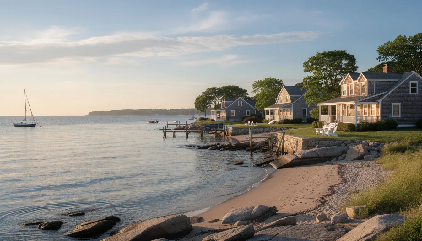A picturesque view of the Connecticut shoreline showcases charming coastal homes lining the edge of Long Island Sound, with gentle waves lapping at the shore, creating a serene atmosphere ideal for potential buyers in the Connecticut real estate market. This scenic landscape highlights the appeal of waterfront property, perfect for those seeking their dream home in a competitive environment.