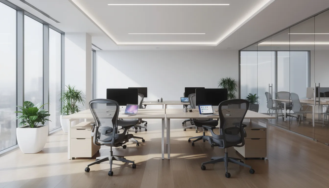 The image depicts a modern professional office space filled with natural light, featuring sleek furniture and a spacious layout that promotes a productive work environment. This setting is ideal for discussions on executive compensation matters, including equity compensation plans and employee benefits, catering to the needs of senior executives and their legal advisors.