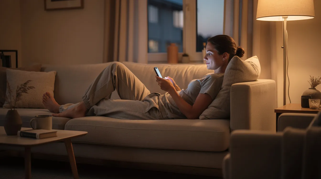 Eine Person sitzt entspannt auf einem Sofa und schaut auf ihr Smartphone, während sie möglicherweise an Online-Umfragen oder Produkttests teilnimmt, um Geld zu verdienen. Die Atmosphäre ist gemütlich und die Person scheint sich in ihrer Freizeit mit interessanten Angeboten von Plattformen wie empfohlen.de zu beschäftigen.