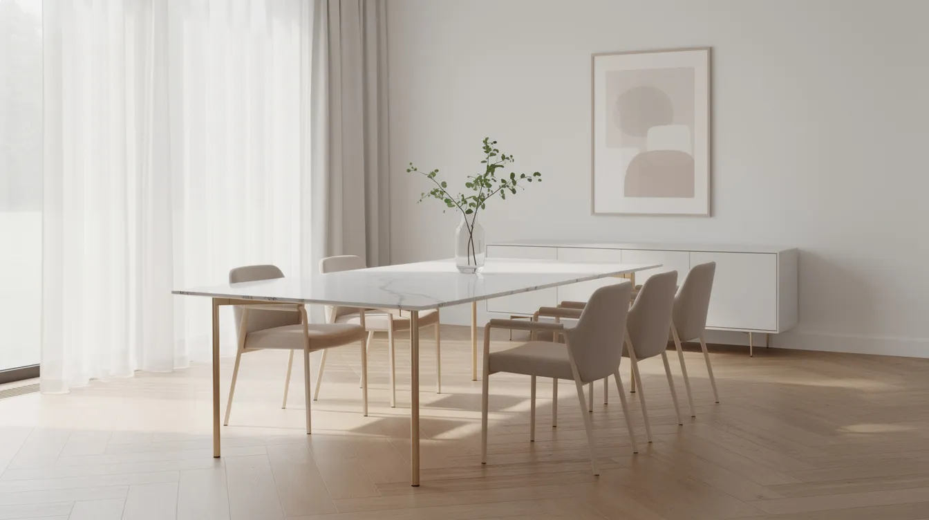 En elegant matsal med ett marmormatbord som har mässingsben, vilket ger en minimalistisk och stilren känsla. Bordet är perfekt för att samla familj och vänner runt en matgrupp i en inbjudande miljö.