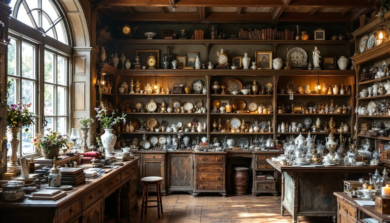 W eleganckim antykwariacie znajdują się różnorodne stare przedmioty, takie jak meble, obrazy i przedmioty kolekcjonerskie, starannie wyeksponowane na półkach. Miłośnicy historii i unikalnych antyków mogą tu znaleźć prawdziwe perełki oraz skorzystać z profesjonalnej wyceny staroci.