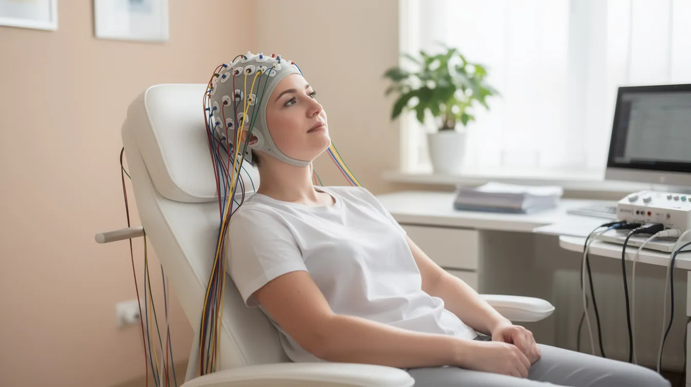 A person is sitting comfortably in a clinical chair, wearing a soft EEG sensor cap adorned with colorful wires, exuding a sense of relaxation in a calm office setting. This scene captures the essence of neurofeedback training, showcasing a non-invasive approach to brain mapping and the exploration of brain wave activity for improved mental health and well-being.