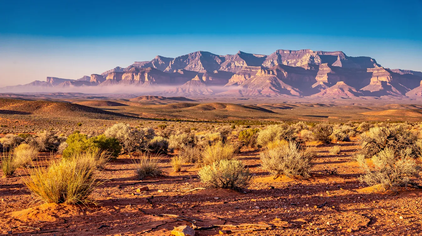 The image depicts a vast New Mexico desert landscape, featuring rolling sand dunes and rugged mountains in the background, all under a clear blue sky. This serene setting highlights the natural beauty of New Mexico, a region where nursing home residents may seek peace and care in assisted living facilities.