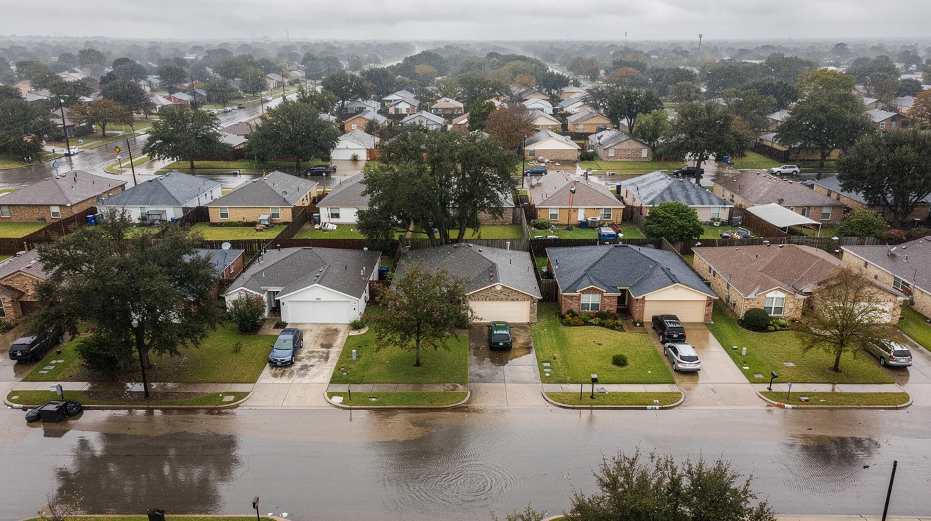 An aerial view of a Houston residential neighborhood shows extensive standing water after heavy rainfall, highlighting the potential for water damage, including plumbing leaks and mold growth. The image reflects the urgent need for water damage restoration services to prevent further damage to homes and maintain indoor air quality.