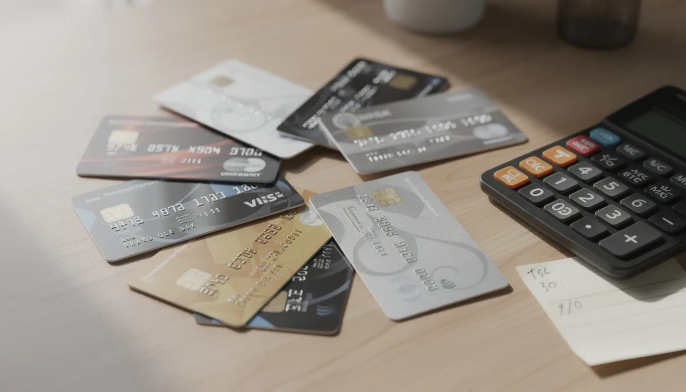 The image shows a collection of credit cards spread out on a desk alongside a calculator and a notepad, suggesting a focus on managing credit card balances and planning for debt payments. This setup hints at financial planning, possibly related to improving one's credit score or preparing for the mortgage process.