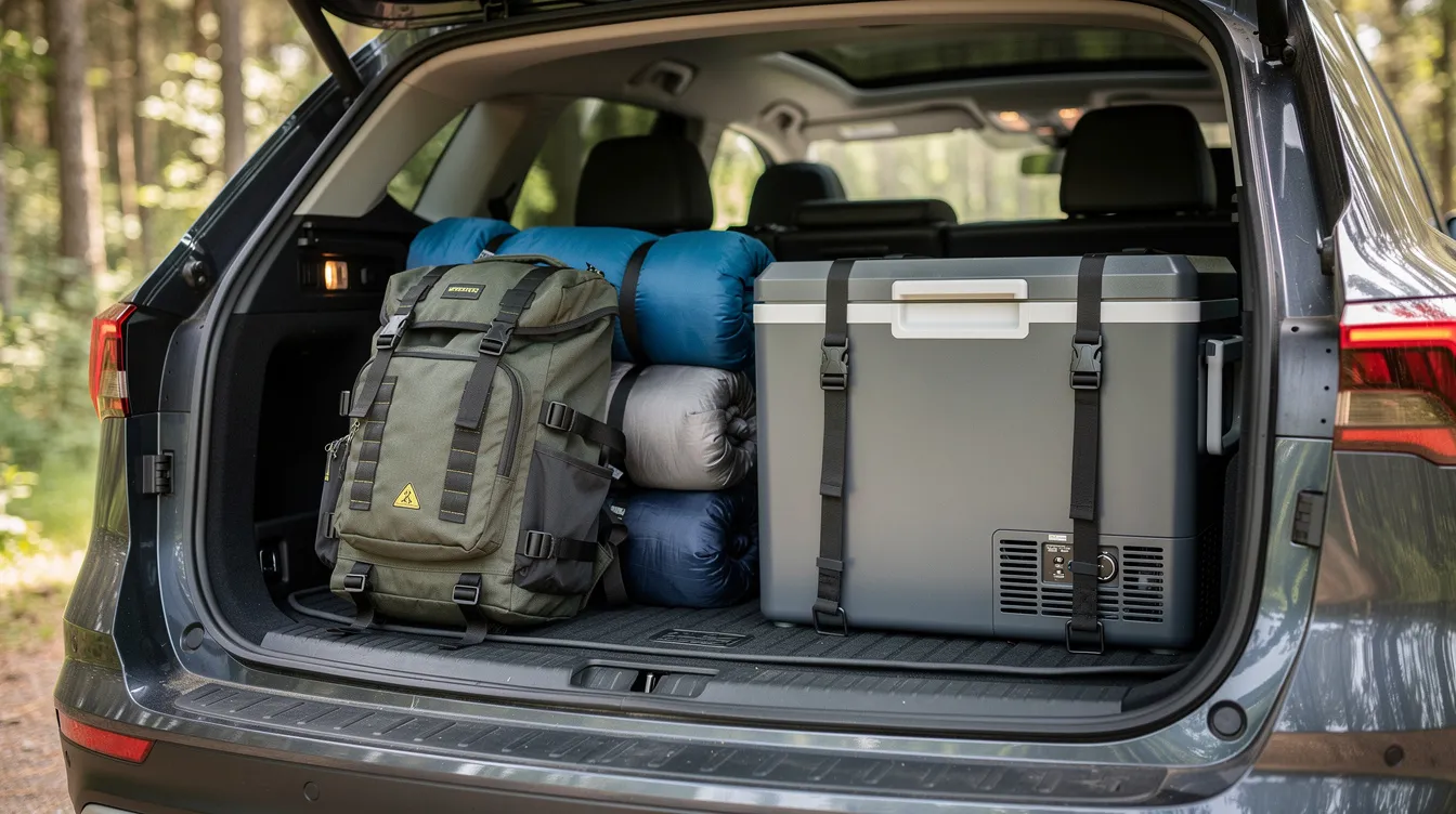 A compact portable fridge is securely placed in the back of an SUV trunk, surrounded by camping backpacks and sleeping bags, showcasing its energy-efficient design ideal for camping trips. This portable refrigerator is perfect for keeping beverages cold while on the road, ensuring you have cold drinks during your outdoor adventures.