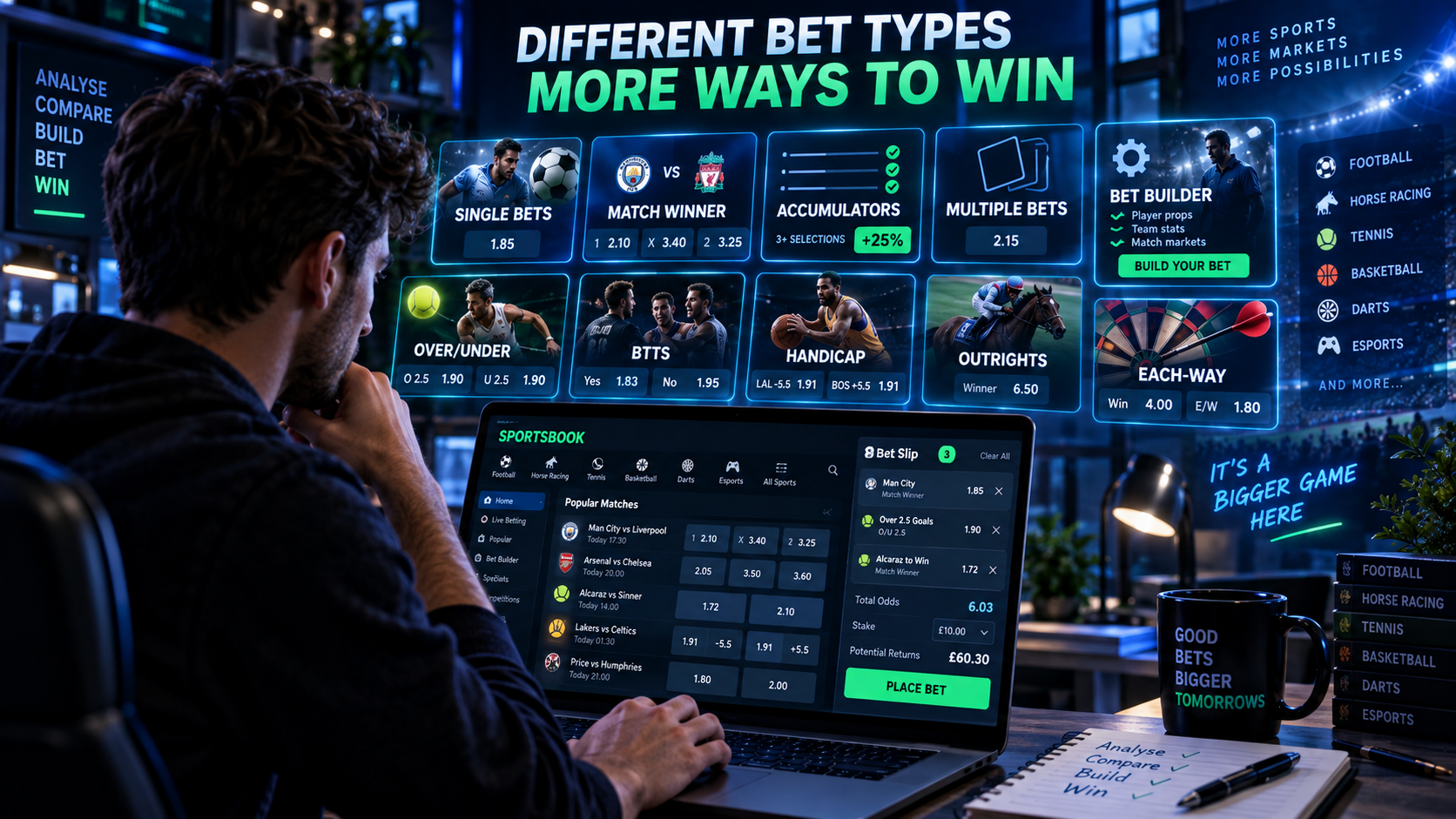 Person comparing single bets, accumulators, Bet Builders, over/under, BTTS, handicap and each-way betting markets.