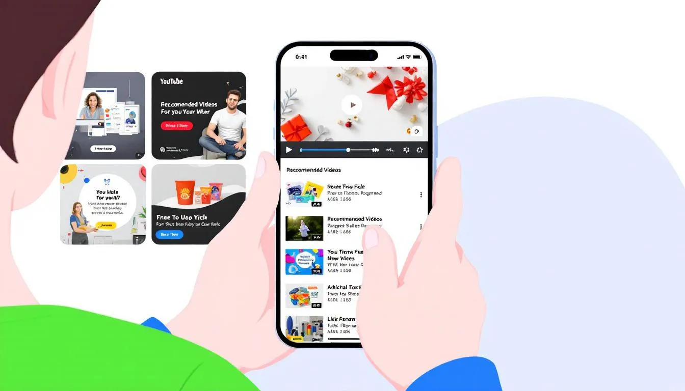 The image showcases a customized YouTube homepage featuring personalized video recommendations and tailored ads, designed to enhance user engagement based on past activity and preferences. It emphasizes the importance of managing privacy settings to protect against spam fraud while delivering a quality viewing experience.