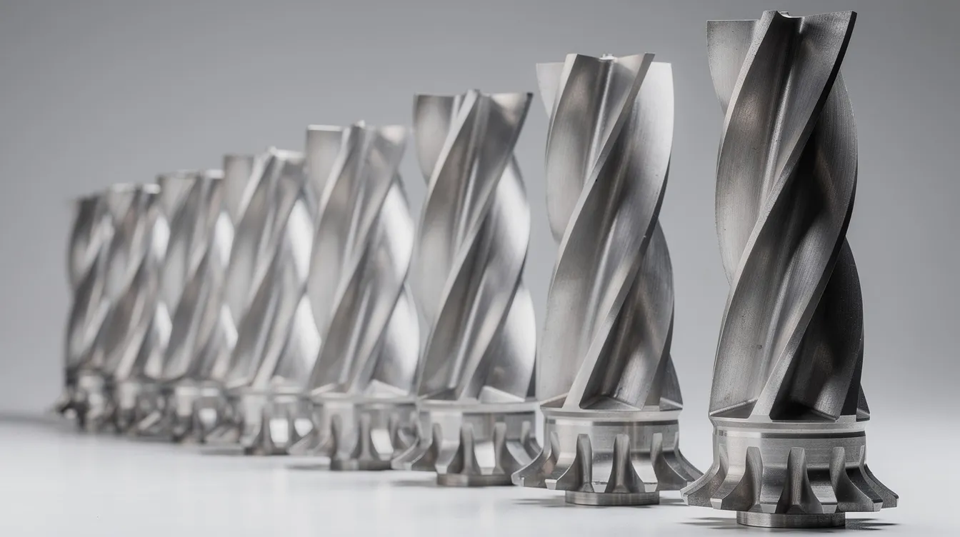 The image depicts a series of turbine blades lined up, showcasing their intricate curved surfaces and a polished metallic finish, highlighting the precision machining processes used in the aerospace industry. These turbine blades are essential aerospace components, reflecting advanced CNC machining techniques that ensure tight tolerances and high performance in aerospace applications.
