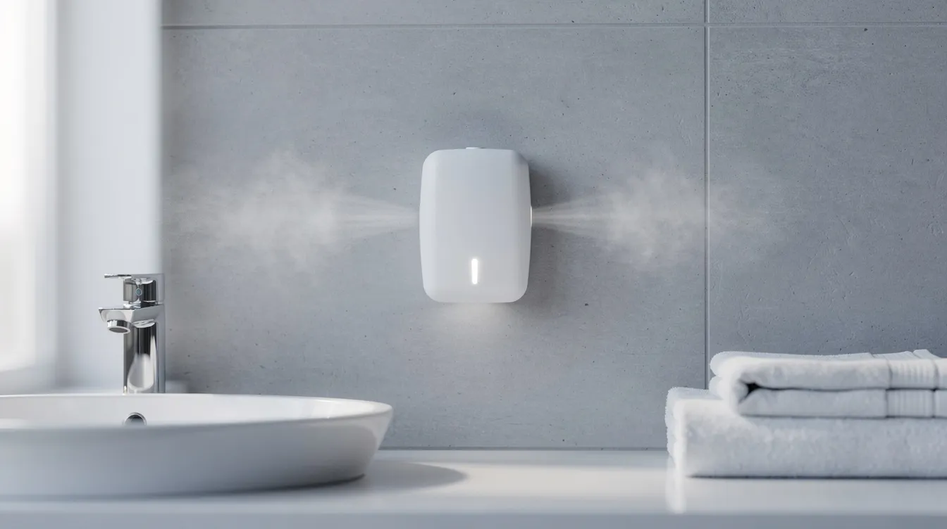 An air freshener is prominently displayed in a washroom, enhancing the space's cleanliness and hygiene. This essential product reflects the commitment of a green commercial cleaning company to maintain a fresh and inviting environment for clients and employees.
