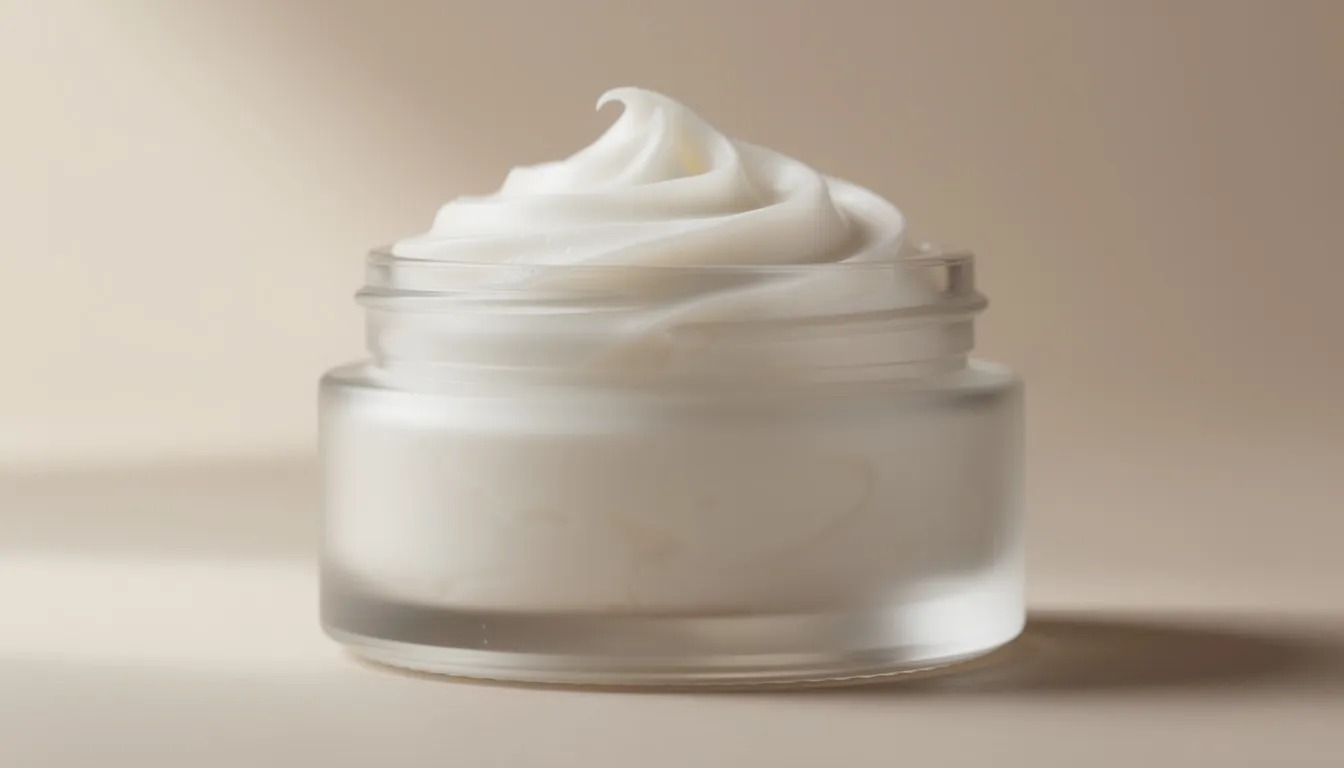 A glass jar is filled with a creamy white whipped tallow balm, showcasing soft peaks on the surface. This natural skincare product, rich in fatty acids and fat-soluble vitamins, is designed to nourish and protect sensitive and dry skin, enhancing the skin's moisture barrier for improved skin health.