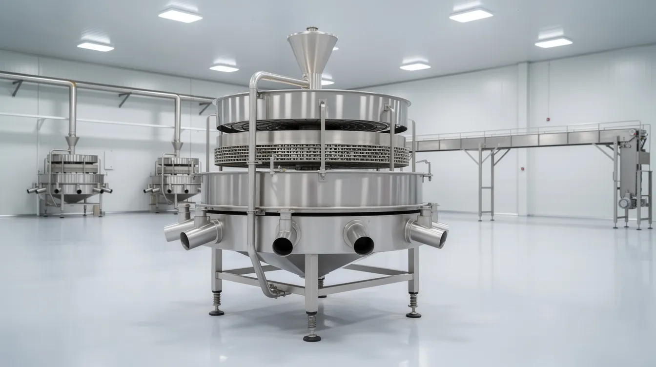 The image depicts an industrial stainless steel flour sifter machine, designed for efficient flour processing in a clean food processing plant. This advanced machinery is essential for ensuring consistent flour quality, particularly in the production of pulse flour products, catering to the rising demand for gluten-free and nutritious food options.