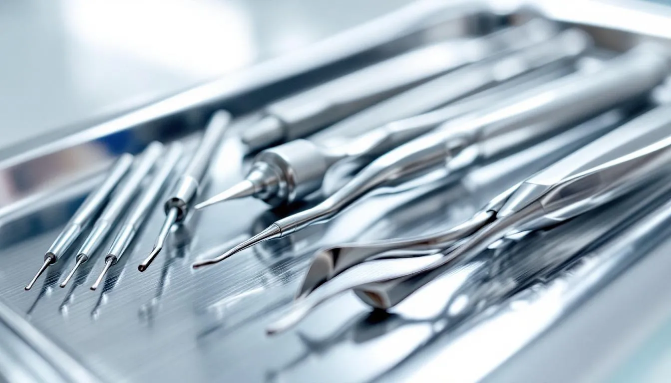 Una bandeja estéril contiene instrumentos dentales especializados para el sondaje periodontal, utilizados por periodoncistas para evaluar la salud periodontal de los pacientes. Estos instrumentos permiten medir la profundidad de las bolsas periodontales y detectar problemas en las encías, contribuyendo al diagnóstico y tratamiento de enfermedades periodontales.