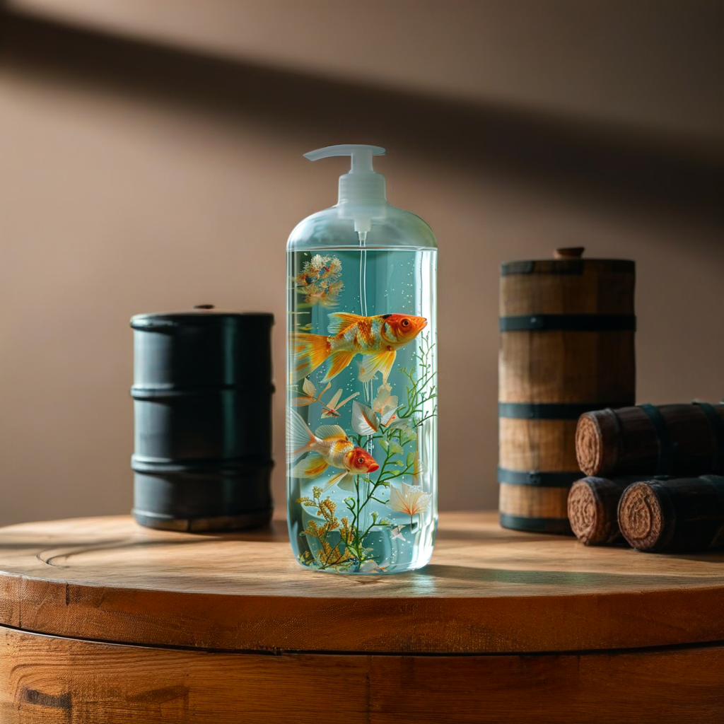 Soap bottle mockup with goldfish placed on a round wooden table, surrounded by rustic barrels and warm ambient light in a studio-like setting.