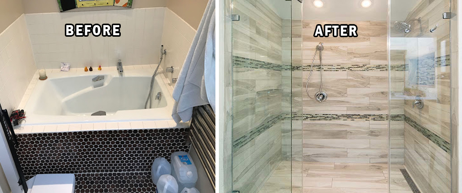 Before and after bathroom with elegant shower