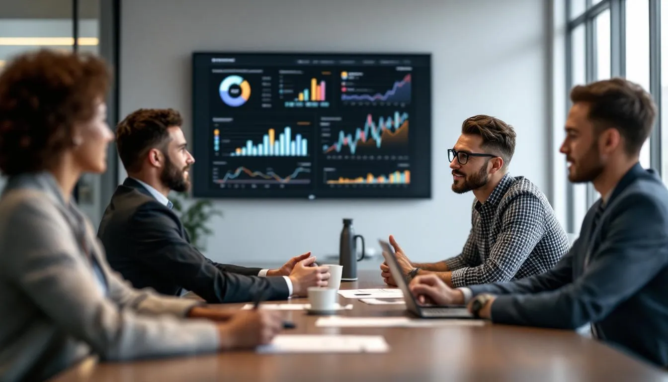 A team meeting discussing performance reviews with a focus on growth and value.