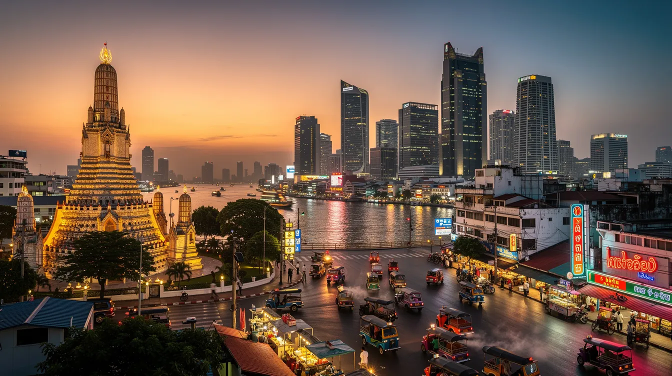 A imagem mostra a vibrante cidade de Bangkok, na Tailândia, com seus impressionantes arranha-céus e templos icônicos, como o Wat Phra Kaew e o Templo do Amanhecer. Ao fundo, o Rio Chao Phraya serpenteia pela cidade, enquanto tuk tuks e pessoas movimentam-se pelas ruas, refletindo a rica cultura e tradição tailandesa.