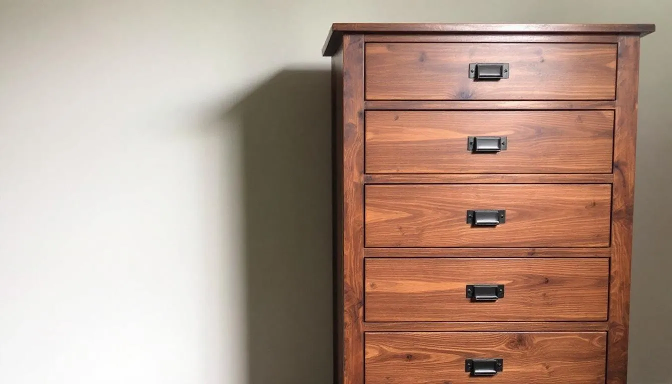 A tall wooden chest of drawers in an oak finish features six spacious dresser drawers, providing practical storage solutions for clothing and accessories in any bedroom or living space. Its sleek design complements various styles, making it a stylish addition to kids' rooms or adult bedrooms alike.